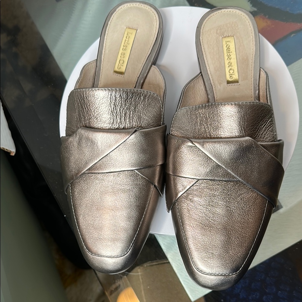 Louise et Cie Metallic Mules with Woven Strap Design